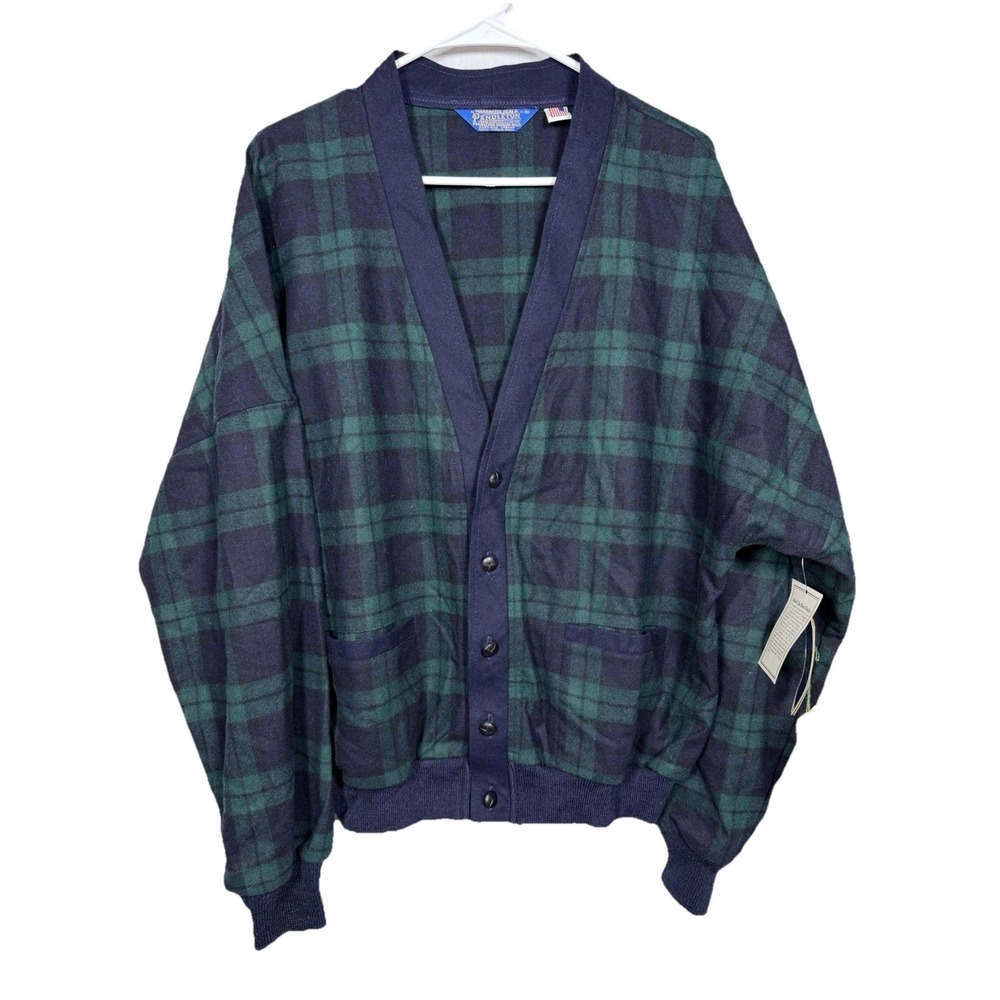 Pendleton NWT Sweater Mens XL Black Watch Plaid Wool Cardigan USA Vintage 90s